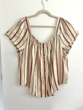 Sanctuary Flowy Boho Cream Button-Front Peasant Top with Red & Black Stripes 2X